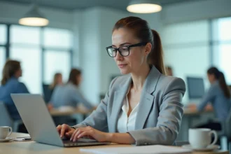 Femme professionnelle se connectant pour la première fois à une plateforme RH sur son ordinateur portable au bureau