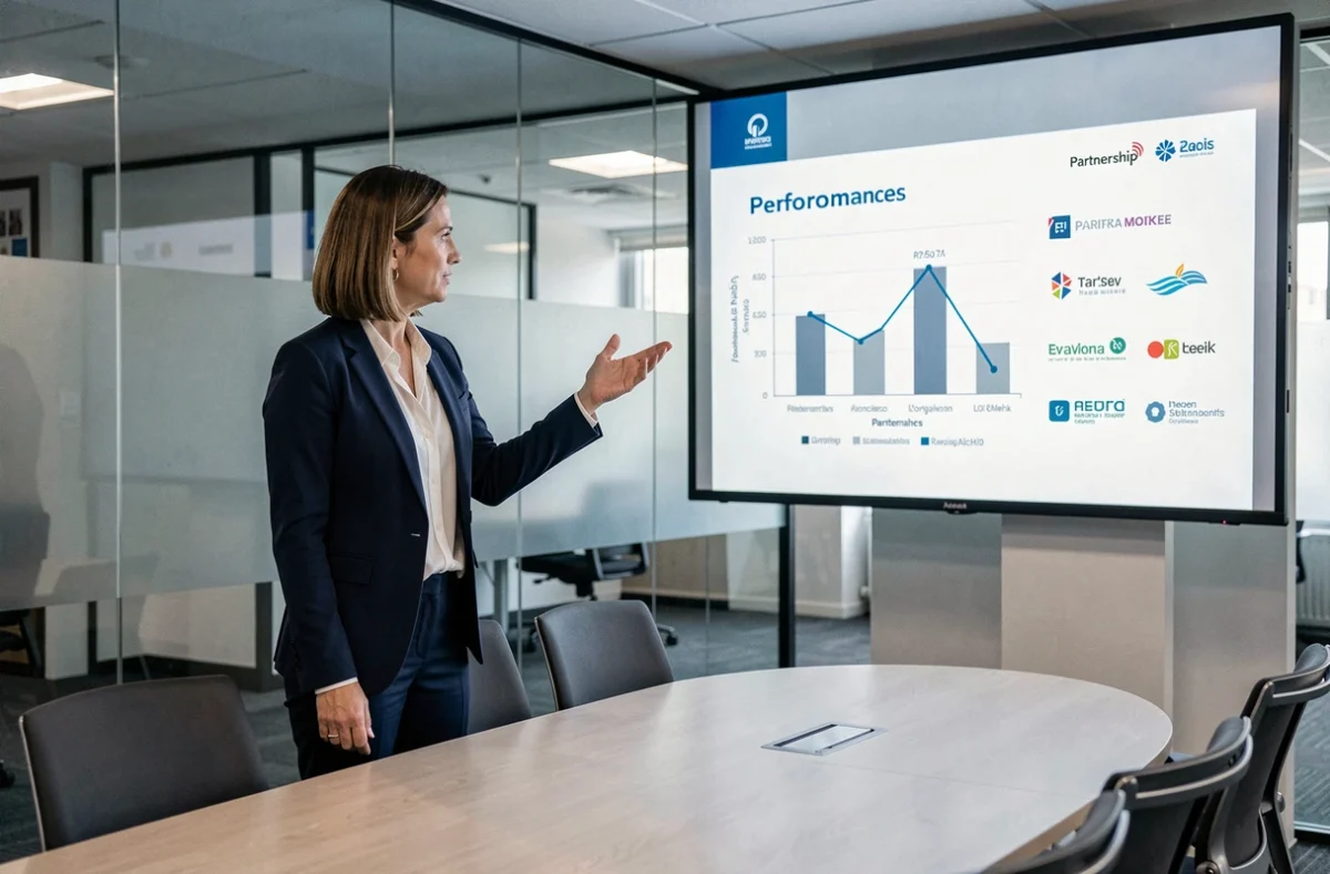 Femme professionnelle présentant des métriques de performance et des résultats d'agence digitale lors d'une conférence en salle de réunion