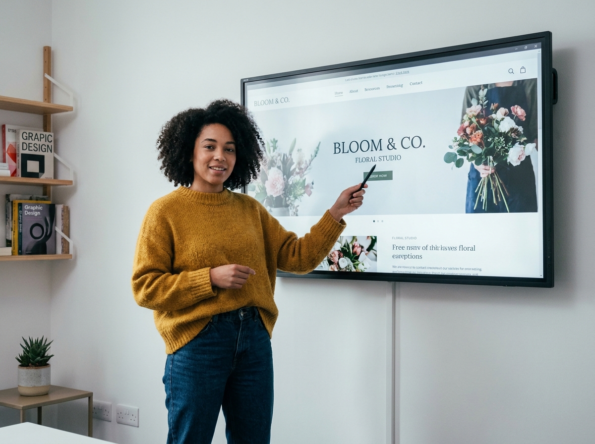 Une conceptrice web présentant la maquette d'un site vitrine à un client sur un grand écran mural dans un espace d'agence épuré