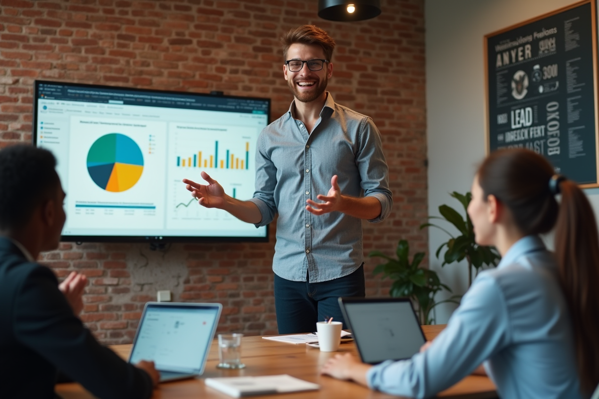 Jeune homme présentant des stratégies de leads en coworking