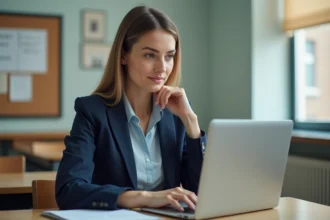 Professeure en classe avec ordinateur et ambiance éducative