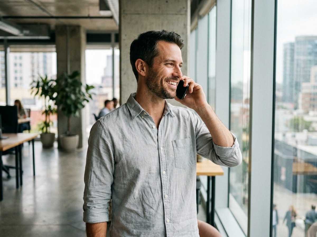 Professionnel souriant en chemise grise passant un appel téléphonique dans un espace de coworking contemporain avec grandes fenêtres