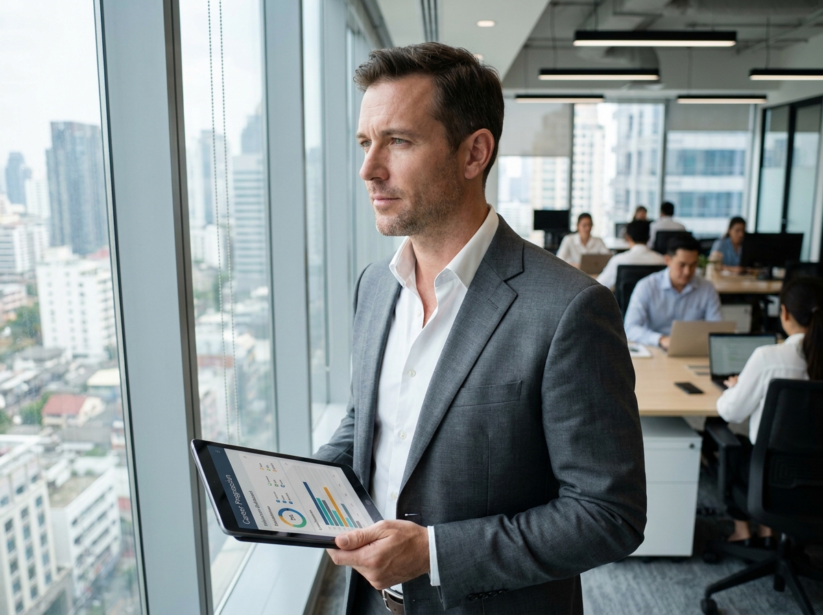 Professionnel masculin consultant un outil numérique de bilan de compétences dans un espace de travail moderne