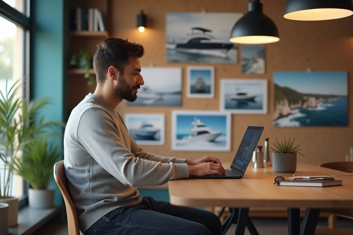 Jeune professionnel du marketing travaillant sur une campagne de marque nautique dans un espace de coworking côtier