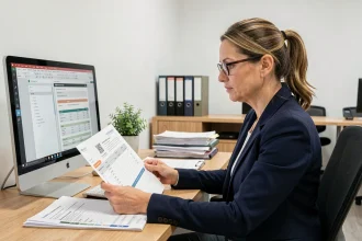 Professionnelle en blazer marine consultant une plateforme B2B en ligne sur un écran de bureau dans un open space moderne