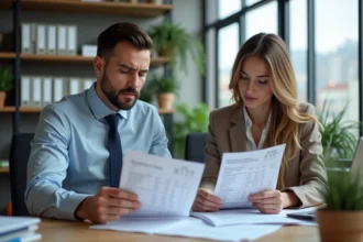 Un couple en tenue professionnelle examine des documents financiers