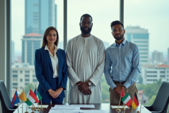 Trois professionnels divers devant une table de conférence