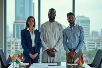 Trois professionnels divers devant une table de conférence