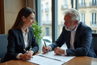 Deux professionnels en costume examinant un contrat dans un bureau moderne