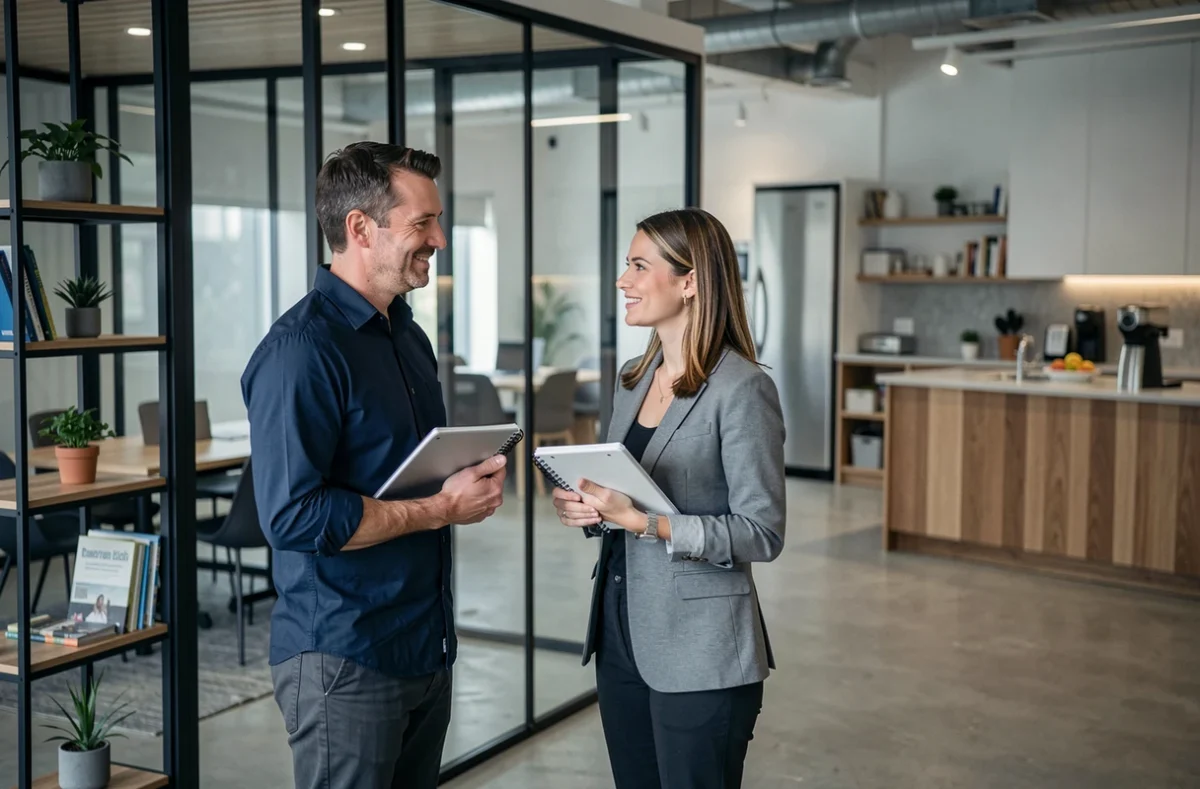 Deux professionnels en discussion dans un espace de coworking moderne avec pod de réunion en verre et décoration contemporaine