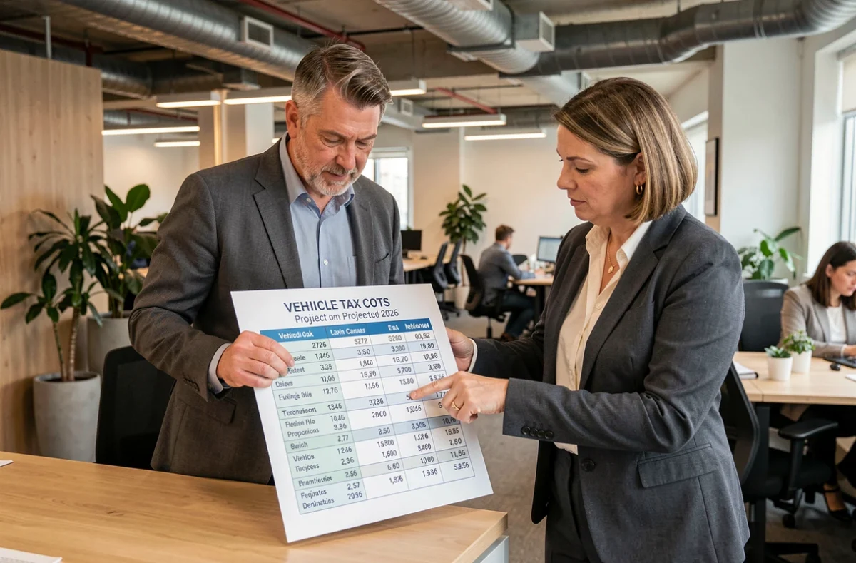 Deux professionnels en entreprise examinant un tableau comparatif des coûts de la taxe véhicules de société pour 2026 dans un espace de travail moderne