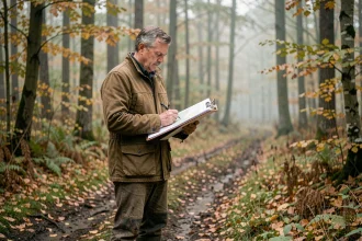 Propriétaire forestier consultant des cartes en lisière de forêt en automne, illustrant la gestion sylvicole en 2026
