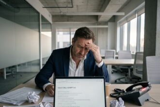Commercial B2B épuisé devant un script d'appel à froid dans un bureau moderne, illustrant les limites de la prospection classique en 2026