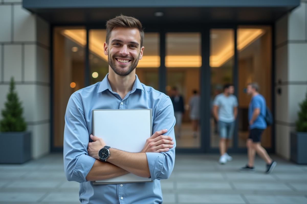Jeune psychologue souriant devant un hôpital moderne