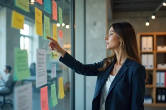 Professionnelle pointant un tableau de profils clients idéaux dans un bureau moderne pour illustrer la qualification ICP en prospection B2B
