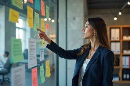 Professionnelle pointant un tableau de profils clients idéaux dans un bureau moderne pour illustrer la qualification ICP en prospection B2B