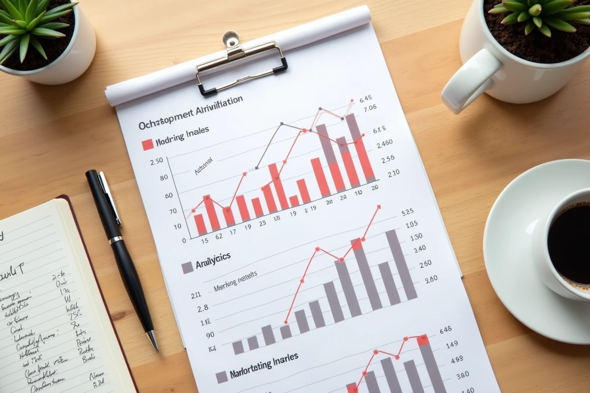Rapport d'avis clients imprimé avec graphiques de satisfaction et notes marketing sur un bureau en bois pour ecommerçant