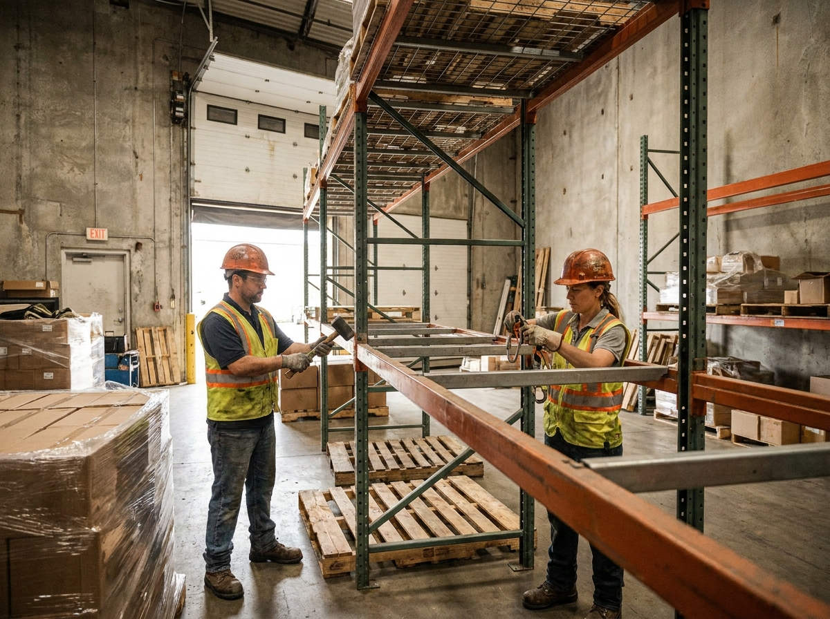 Deux opérateurs reconfiguring des rayonnages industriels à palettes dans un entrepôt logistique