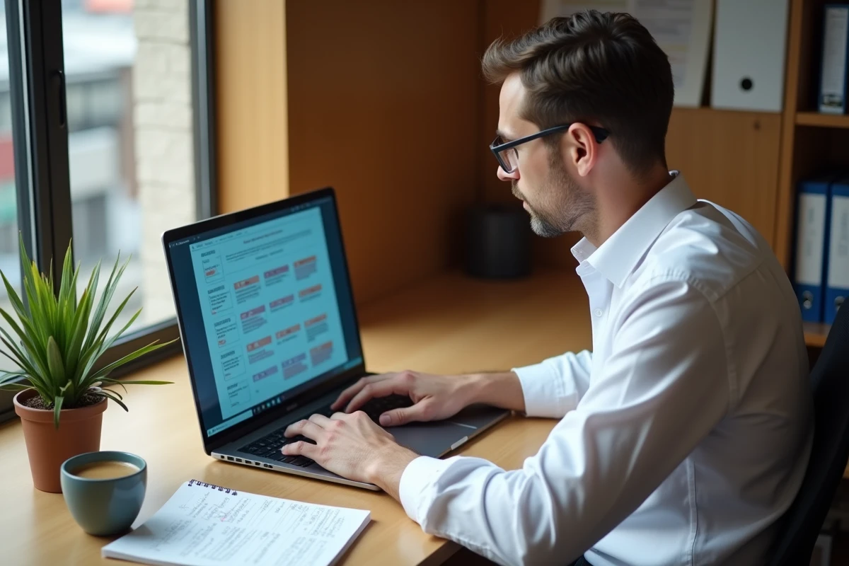 Recruteur évaluant une grille de sélection structurée sur ordinateur portable pour traiter un grand nombre de candidatures
