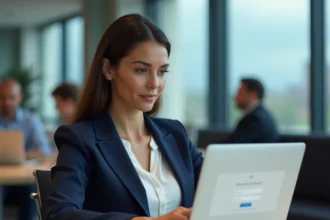 Employée Air France réinitialisant son mot de passe Intralignes sur un ordinateur portable au bureau