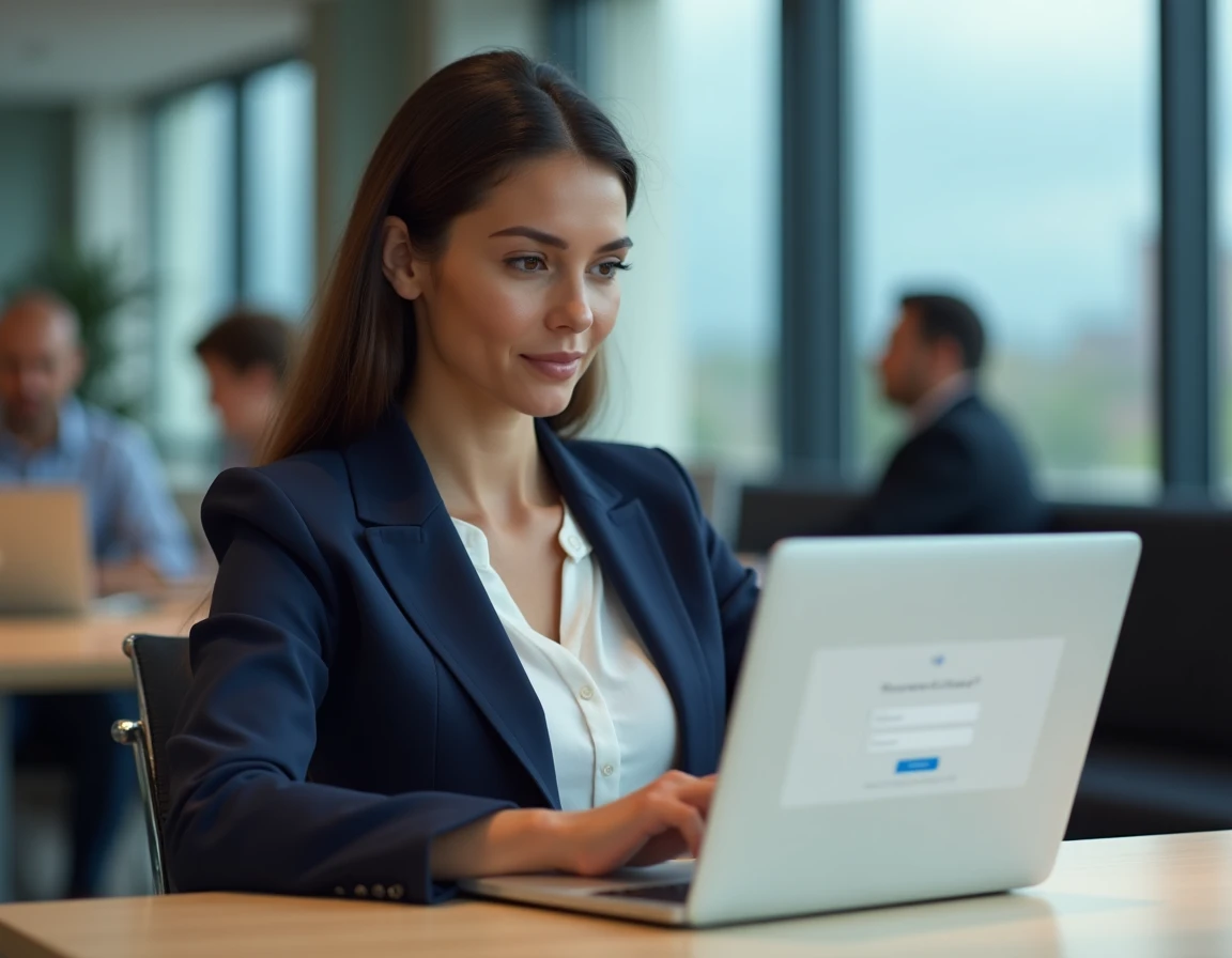 Employée Air France réinitialisant son mot de passe Intralignes sur un ordinateur portable au bureau