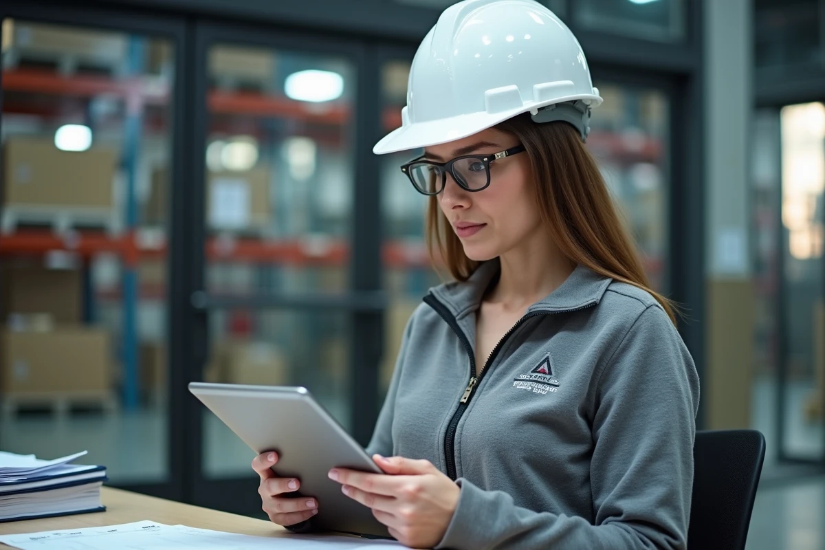 Responsable logistique vérifiant un bon d'avisage sur tablette dans le bureau vitré d'un entrepôt