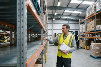 Responsable logistique évaluant l'adaptation d'un rayonnage industriel dans un entrepôt en activité