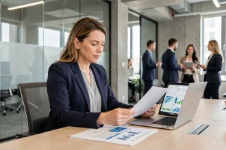 Responsable marketing d'une PME analysant des rapports de génération de leads qualifiés dans un bureau moderne