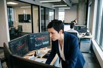 Responsable informatique d'une PME analysant des alertes de cybersécurité sur deux écrans dans un open space moderne