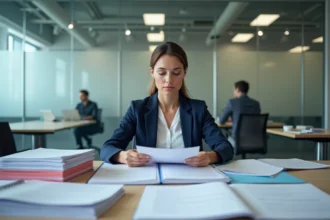 Responsable RH analysant une pile de candidatures sur une table de conférence dans un bureau moderne