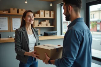 Femme souriante recevant un colis dans un point de retrait intérieur
