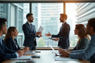 Réunion d'affaires dans un bureau moderne avec un auditeur confiant