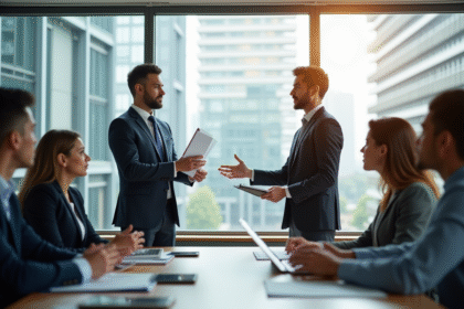 Réunion d'affaires dans un bureau moderne avec un auditeur confiant