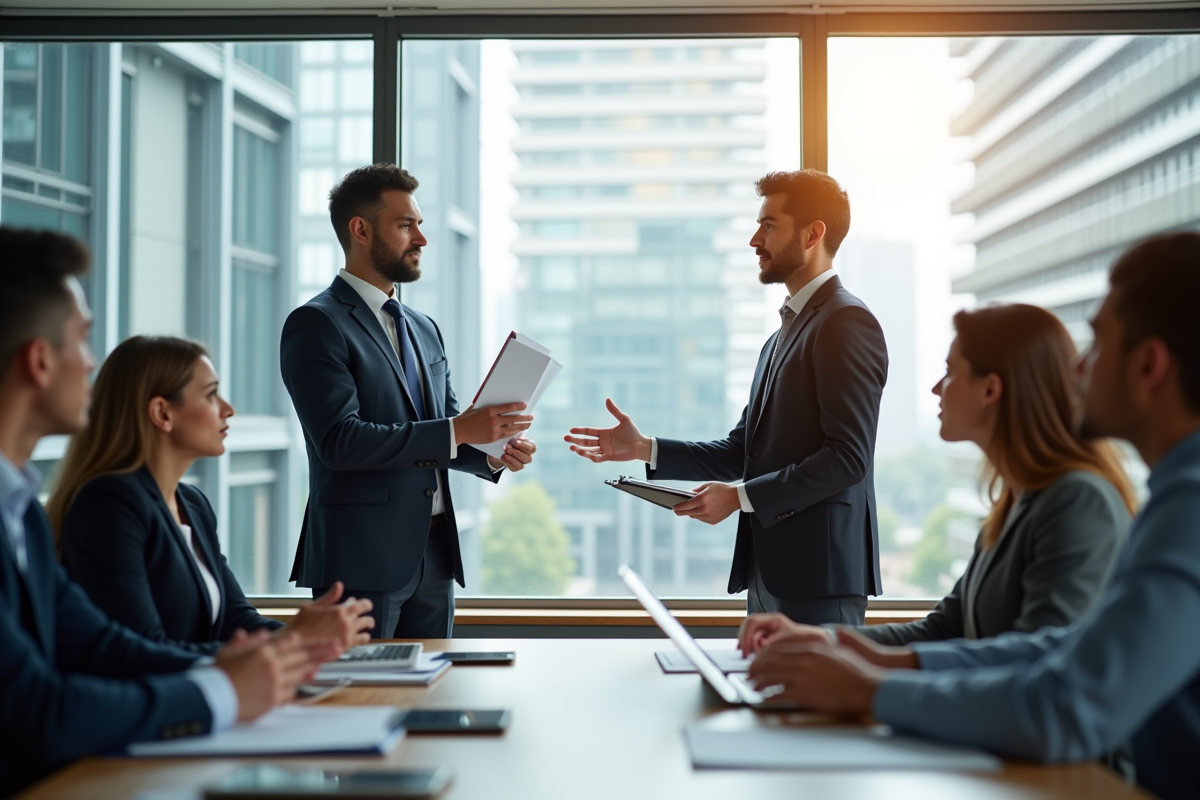 Réunion d'affaires dans un bureau moderne avec un auditeur confiant
