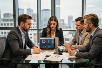 Réunion professionnelle autour d'une table vitrée dans un bureau moderne, équipe analysant des rapports d'agence numérique en 2026