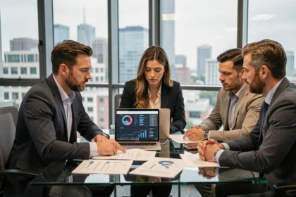 Réunion professionnelle autour d'une table vitrée dans un bureau moderne, équipe analysant des rapports d'agence numérique en 2026
