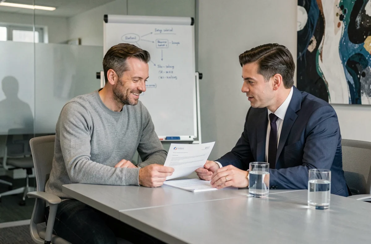 Consultant informatique en réunion avec un conseiller en portage salarial pour signer un contrat