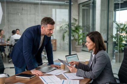 Entrepreneur et expert-comptable en réunion autour de documents financiers dans un bureau moderne