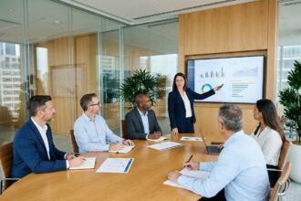 Équipe de professionnels en réunion d'entreprise autour d'une table de conférence moderne avec présentation de données