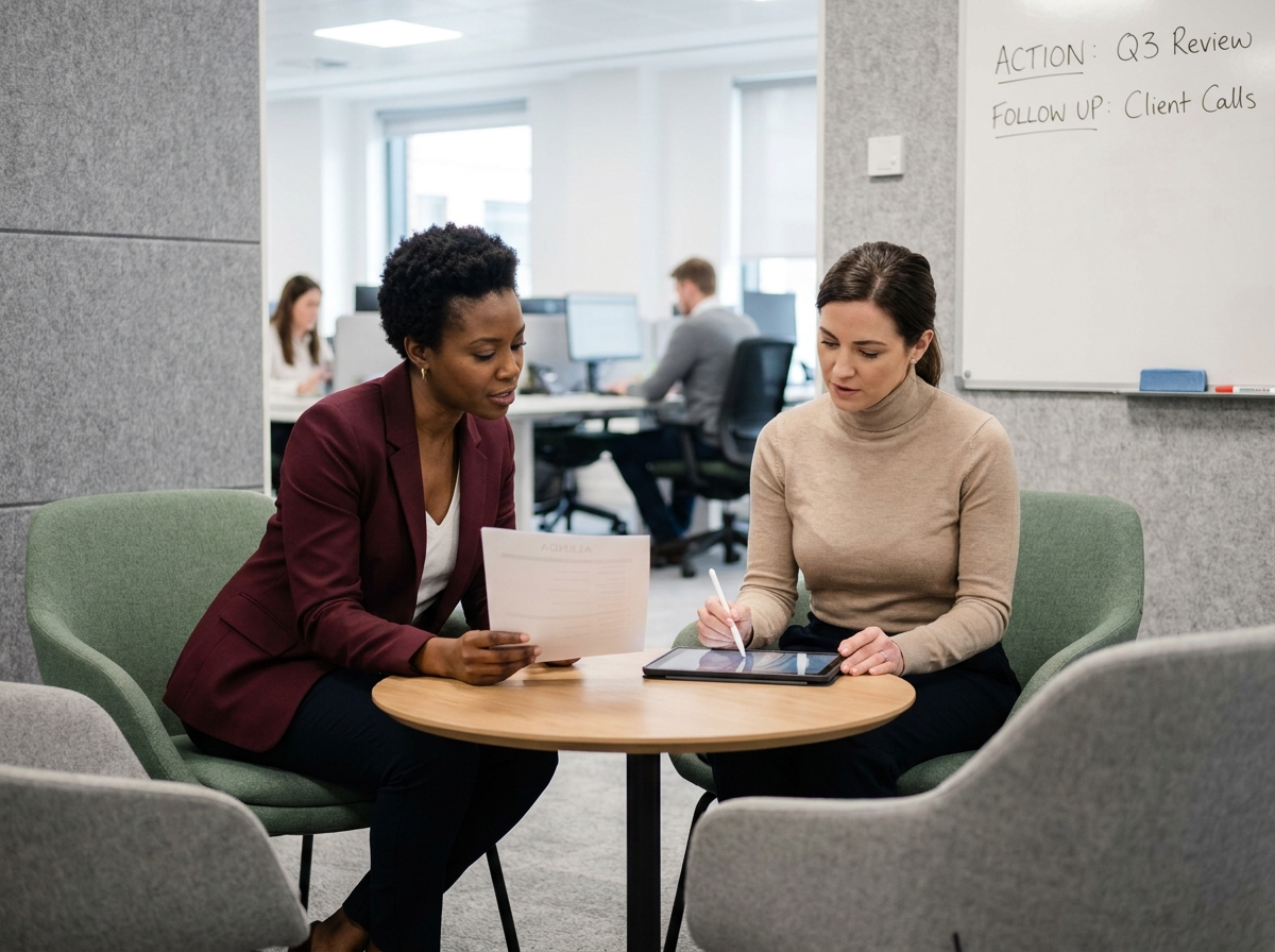 Deux femmes professionnelles en réunion individuelle dans un espace de travail collaboratif moderne