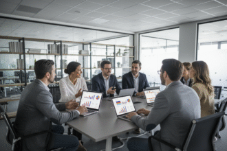 Groupe de professionnels en réunion autour d'une table avec dashboards ERP