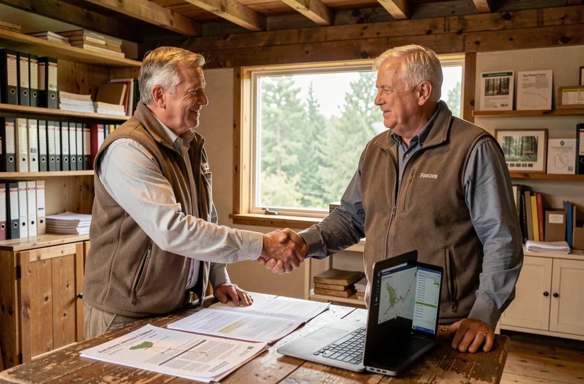 Technicien forestier et propriétaire signant un accord de gestion autour de documents sylvicoles dans un bureau rural