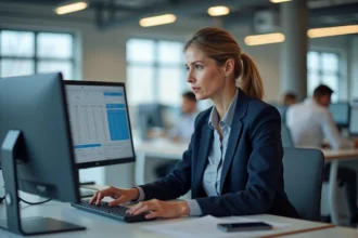 Femme RH analysant des données de paie sur un logiciel de gestion salariale dans un bureau moderne
