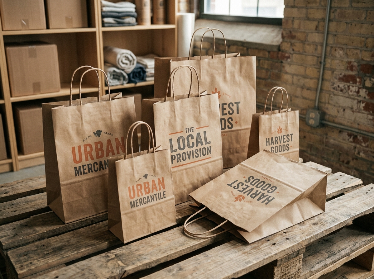 Sacs papier kraft personnalisés avec logos imprimés disposés sur une surface en bois dans une réserve de boutique