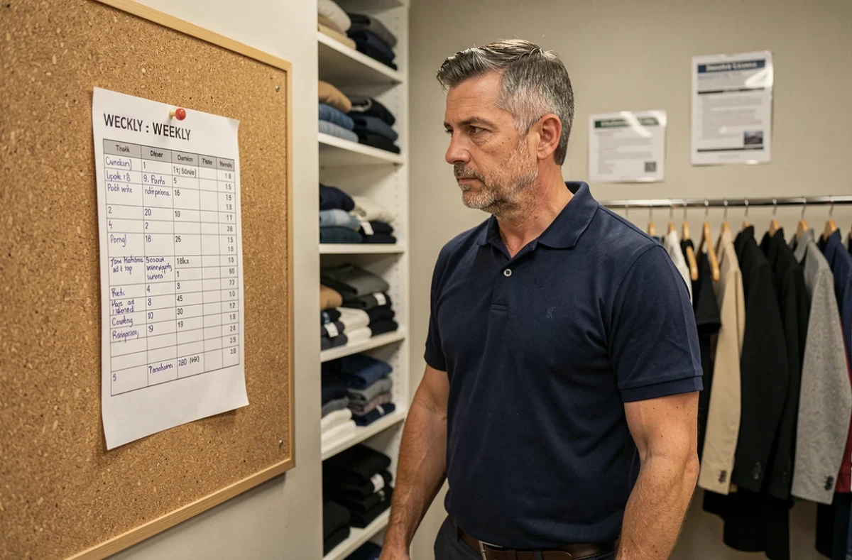 Salarié à temps partiel consultant son planning d'heures complémentaires dans l'arrière-boutique d'un commerce de détail