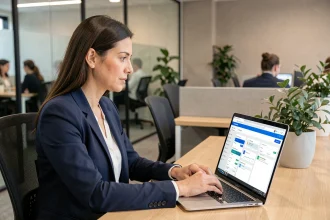 Salariée en blazer marine accédant à l'intranet Blachère sur un ordinateur portable dans un bureau moderne