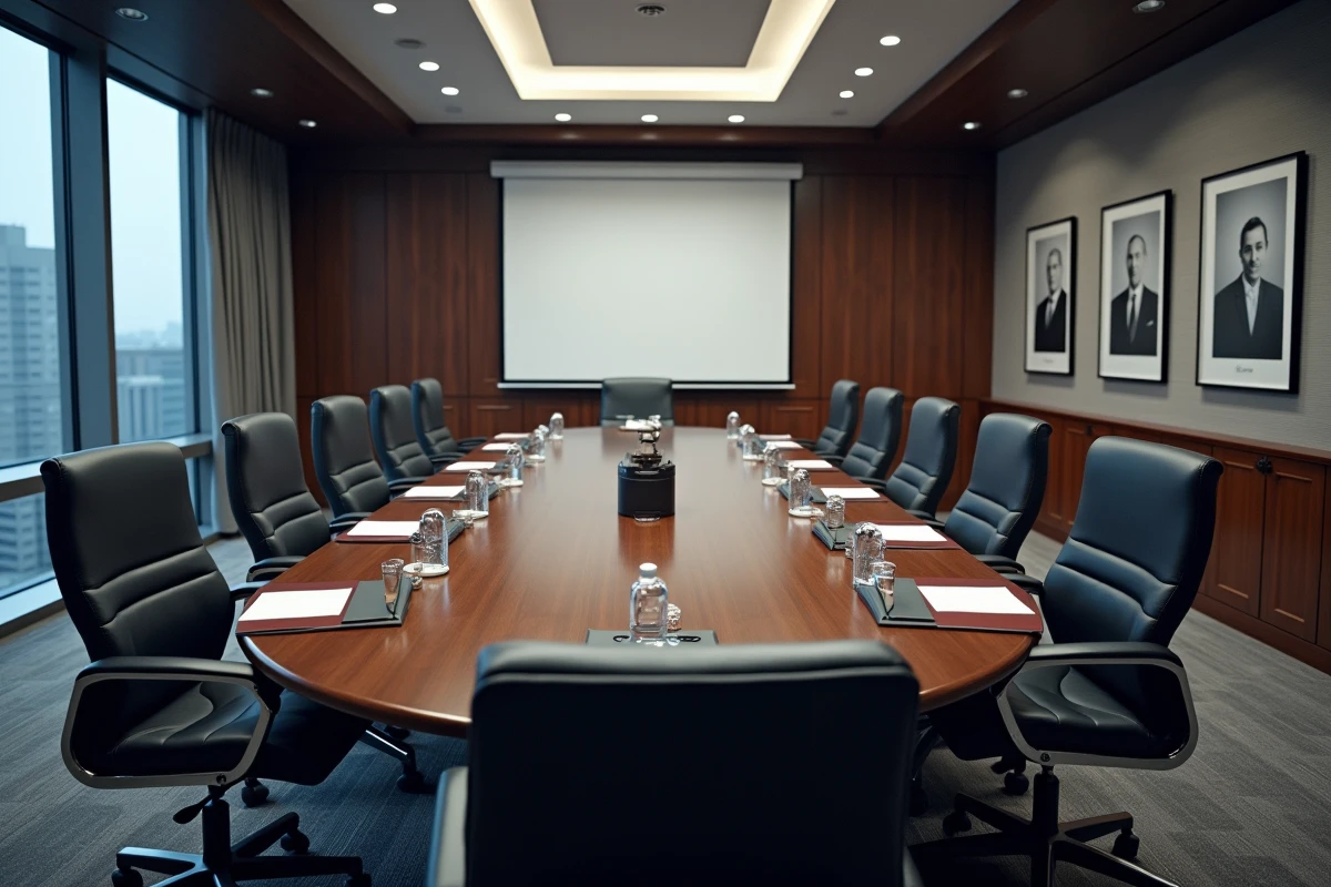 Salle de conseil d'administration vide dans une banque publique après une réunion, évoquant un départ forcé de direction en 2026