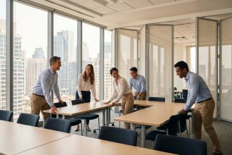 Groupe de professionnels réarrangeant les tables modulables dans une salle de formation d'entreprise avec grandes fenêtres