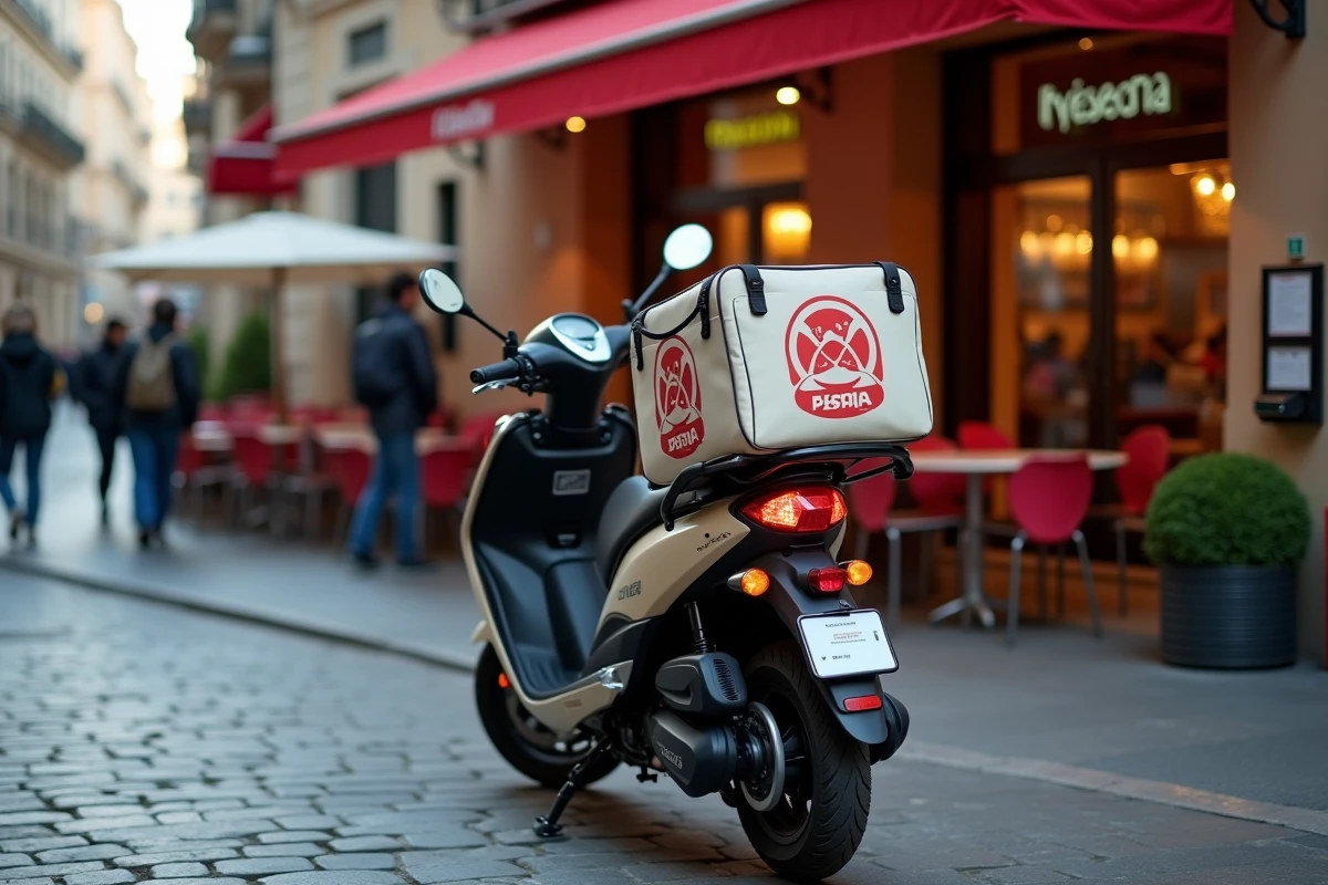 Scooter de livraison de pizza devant une pizzeria urbaine avec une commande numérique entrante sur smartphone en 2026