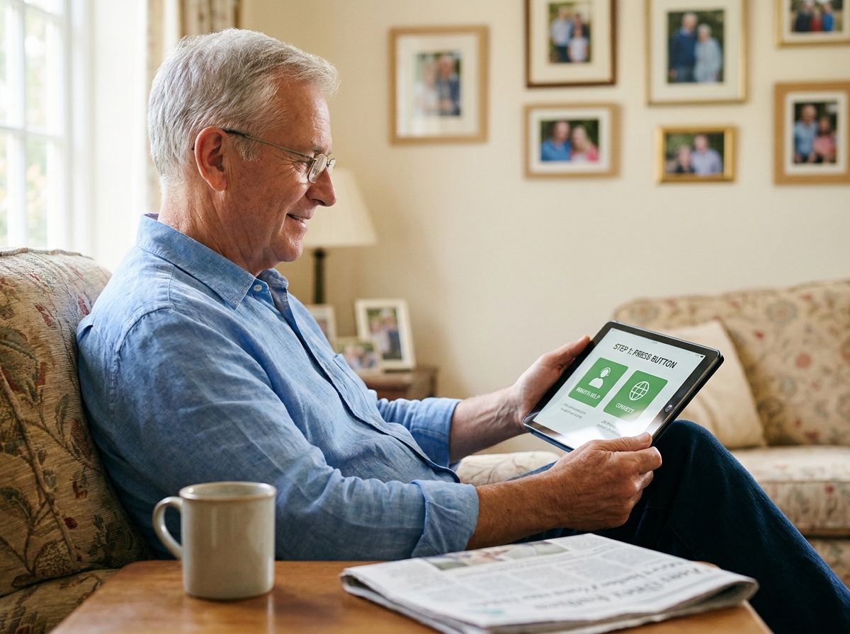 Senior utilisant une application de support à distance simple et intuitive sur une tablette depuis son salon